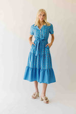 The Nellah Tiered Button-Up Midi Dress in Blue Stripe