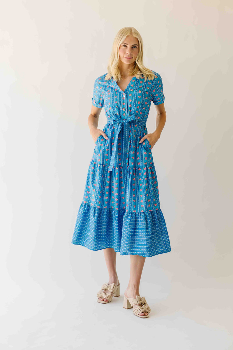 The Nellah Tiered Button-Up Midi Dress in Blue Stripe