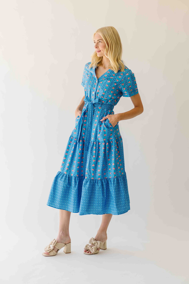 The Nellah Tiered Button-Up Midi Dress in Blue Stripe