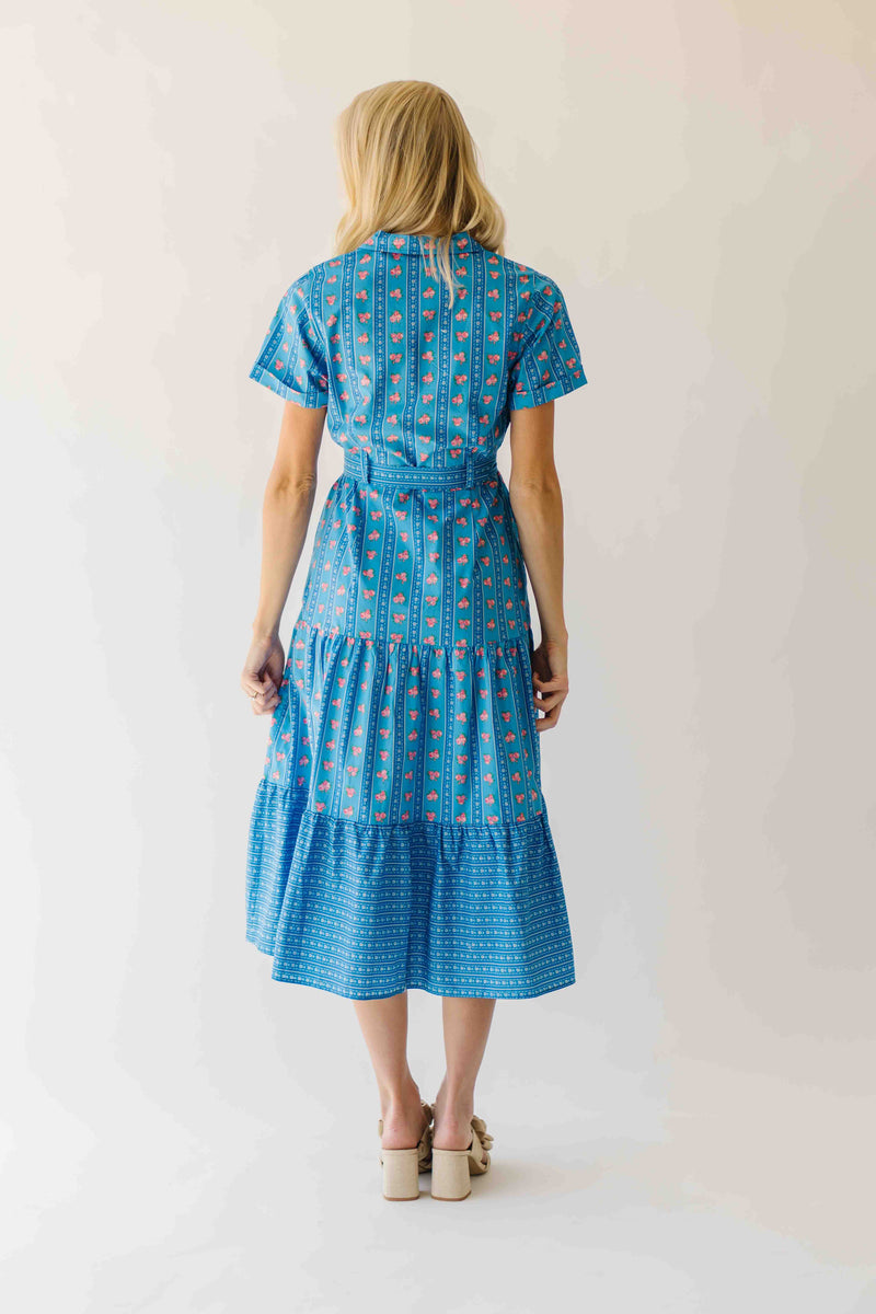 The Nellah Tiered Button-Up Midi Dress in Blue Stripe