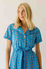 The Nellah Tiered Button-Up Midi Dress in Blue Stripe