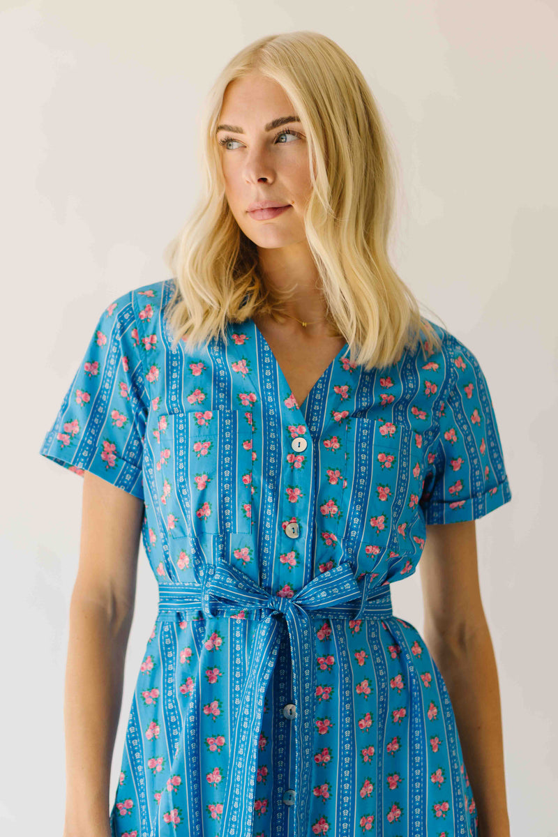 The Nellah Tiered Button-Up Midi Dress in Blue Stripe