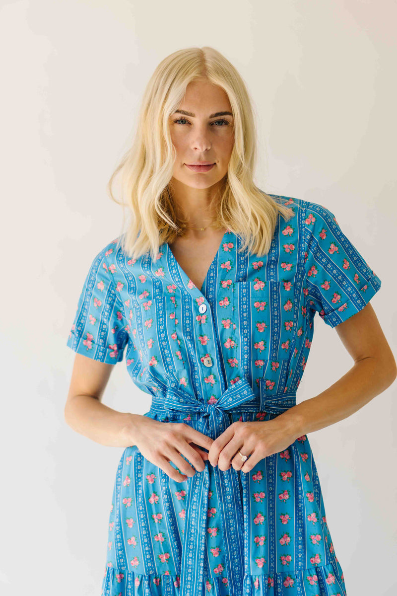 The Nellah Tiered Button-Up Midi Dress in Blue Stripe