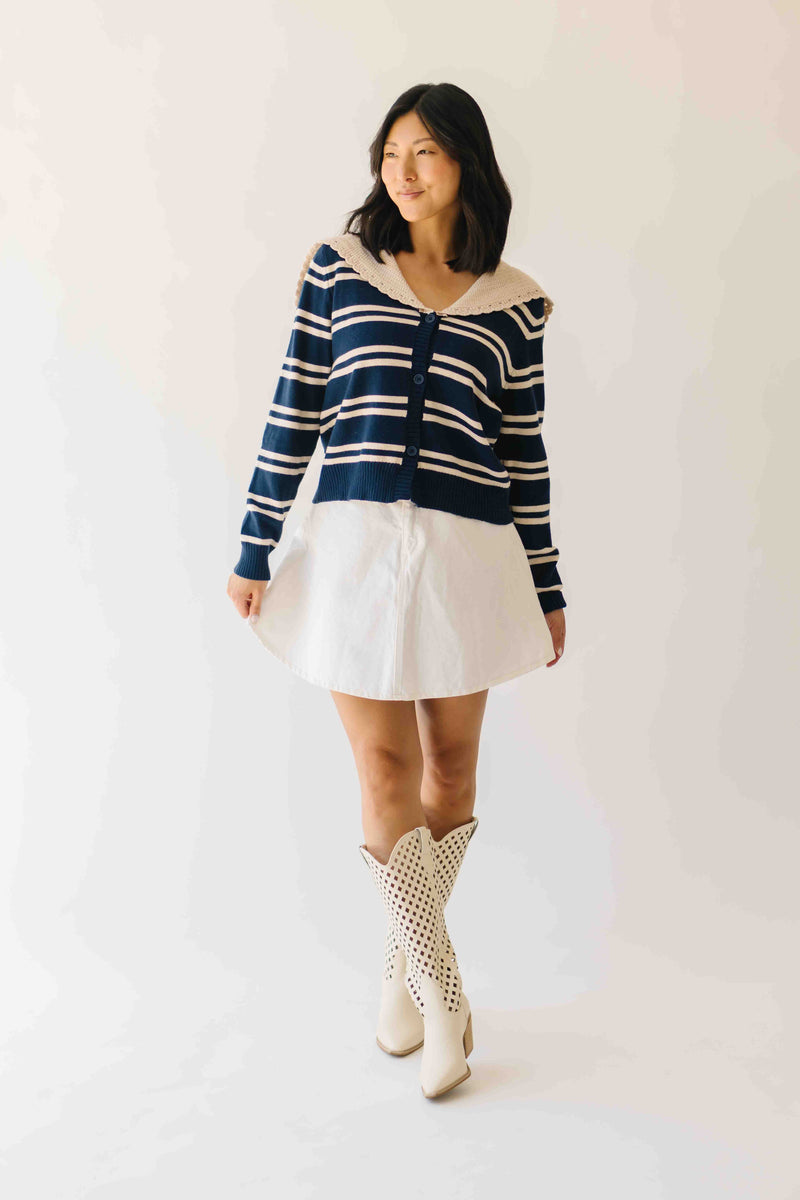 The Reina Scalloped Trim Cardigan in Navy + Taupe Stripe