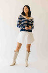 The Reina Scalloped Trim Cardigan in Navy + Taupe Stripe