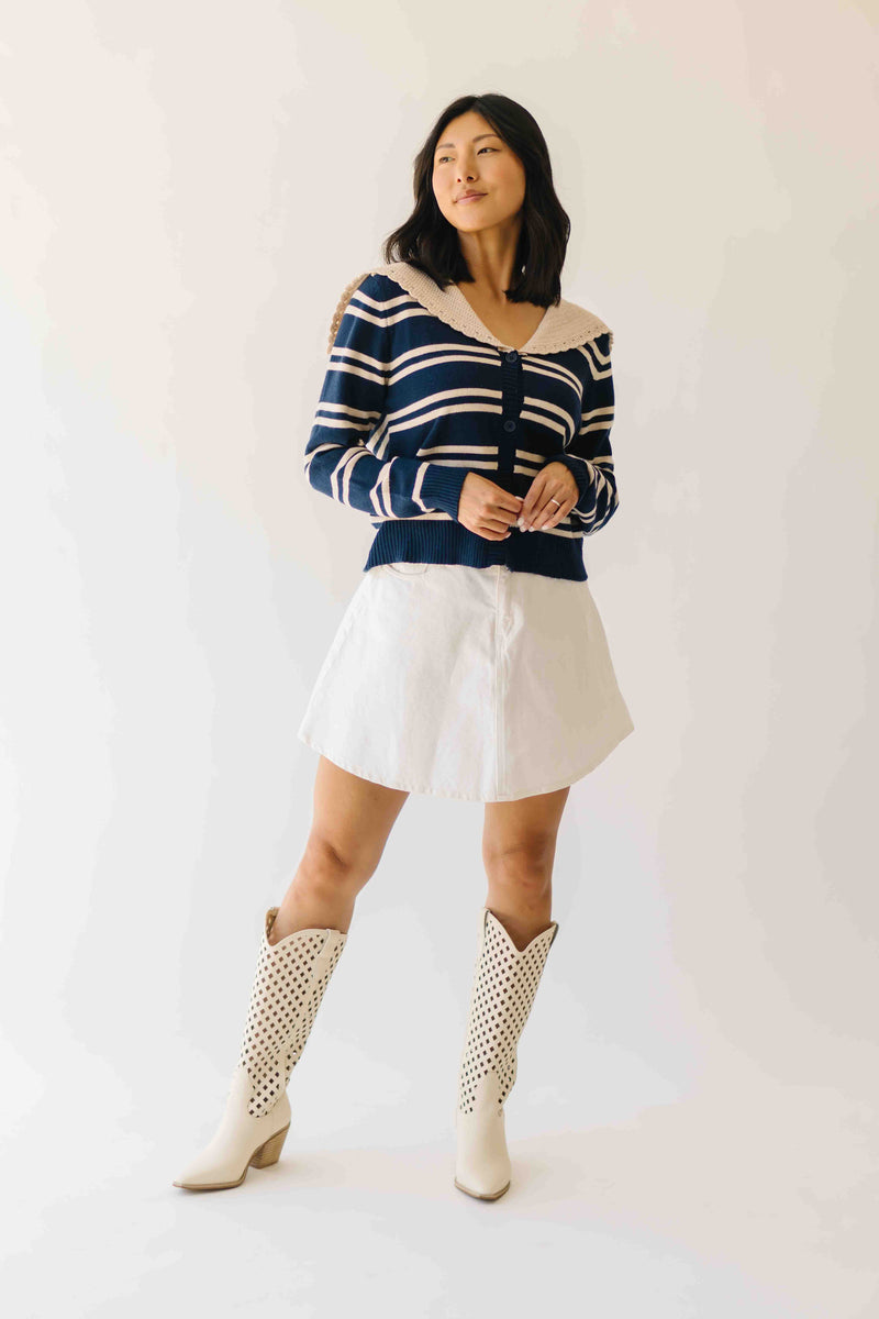 The Reina Scalloped Trim Cardigan in Navy + Taupe Stripe