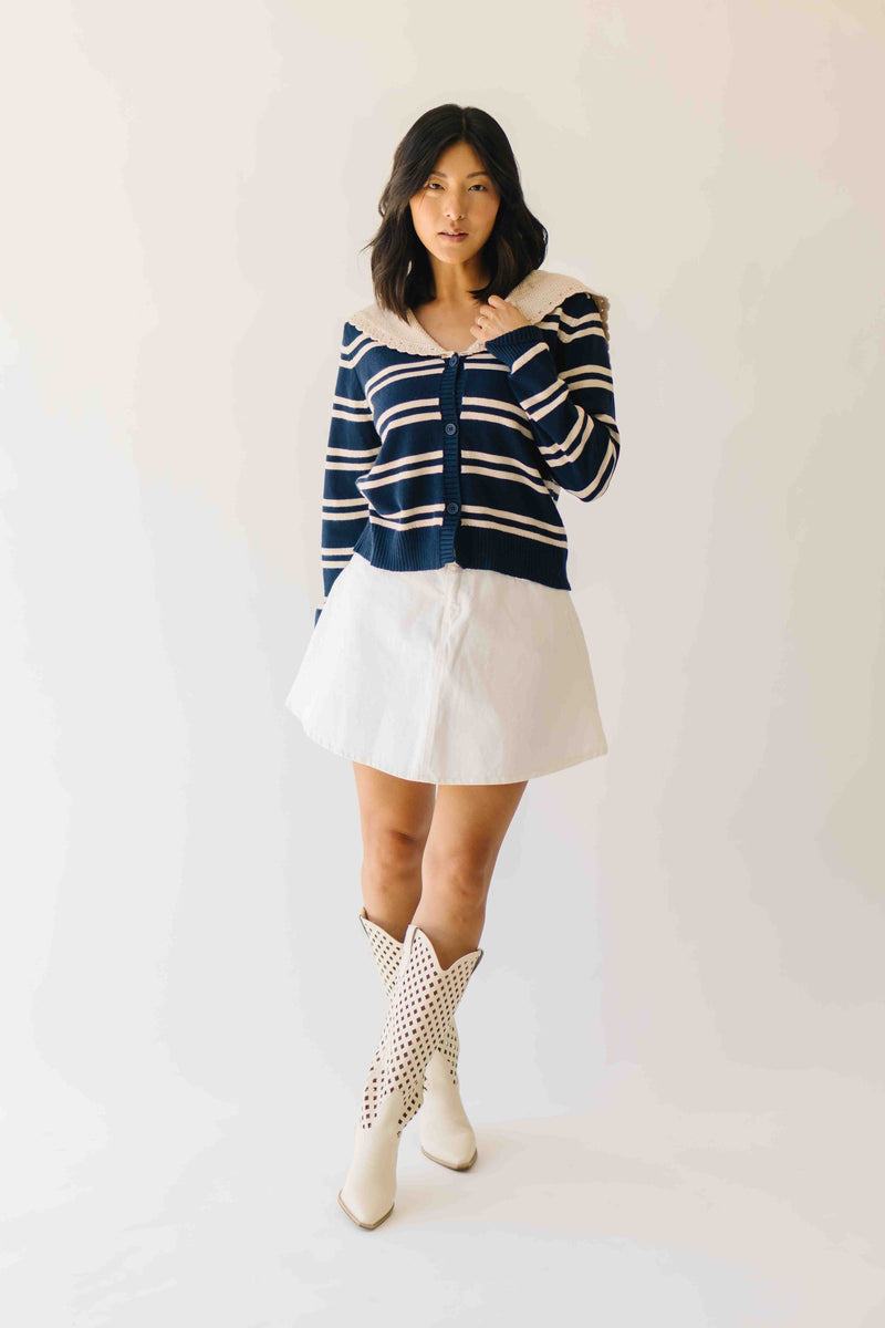 The Reina Scalloped Trim Cardigan in Navy + Taupe Stripe