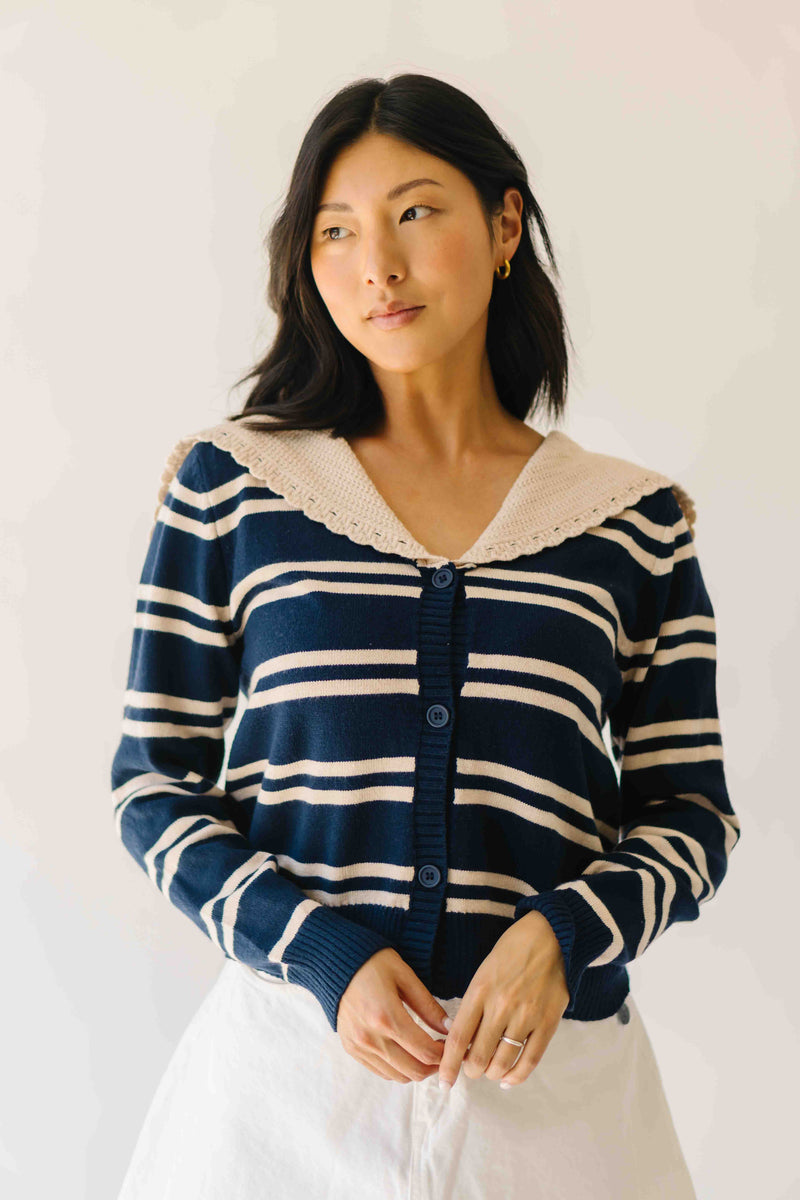 The Reina Scalloped Trim Cardigan in Navy + Taupe Stripe