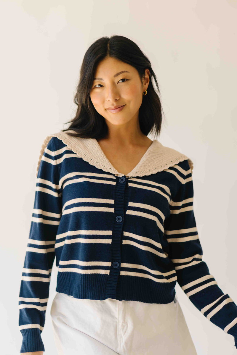 The Reina Scalloped Trim Cardigan in Navy + Taupe Stripe