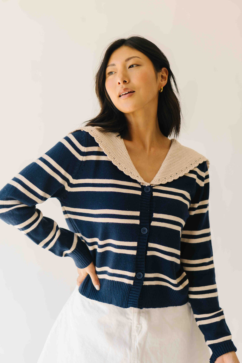 The Reina Scalloped Trim Cardigan in Navy + Taupe Stripe
