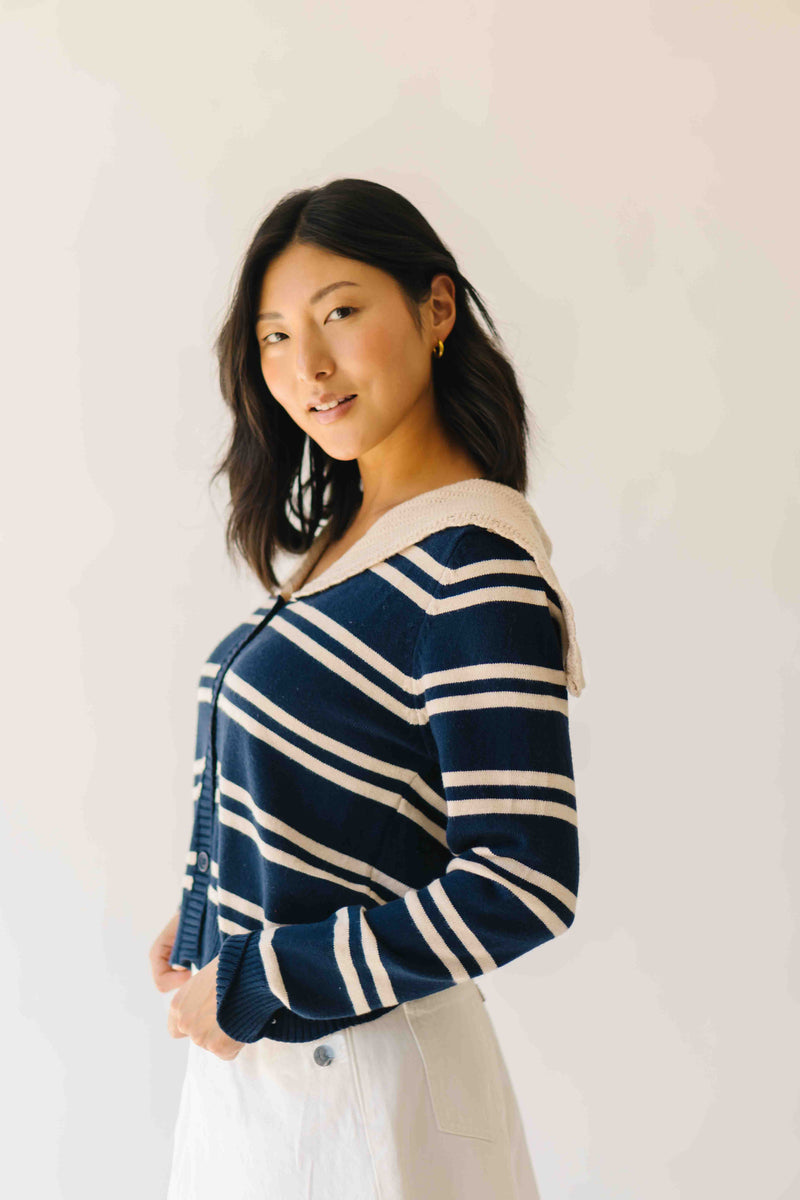 The Reina Scalloped Trim Cardigan in Navy + Taupe Stripe
