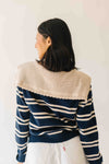 The Reina Scalloped Trim Cardigan in Navy + Taupe Stripe