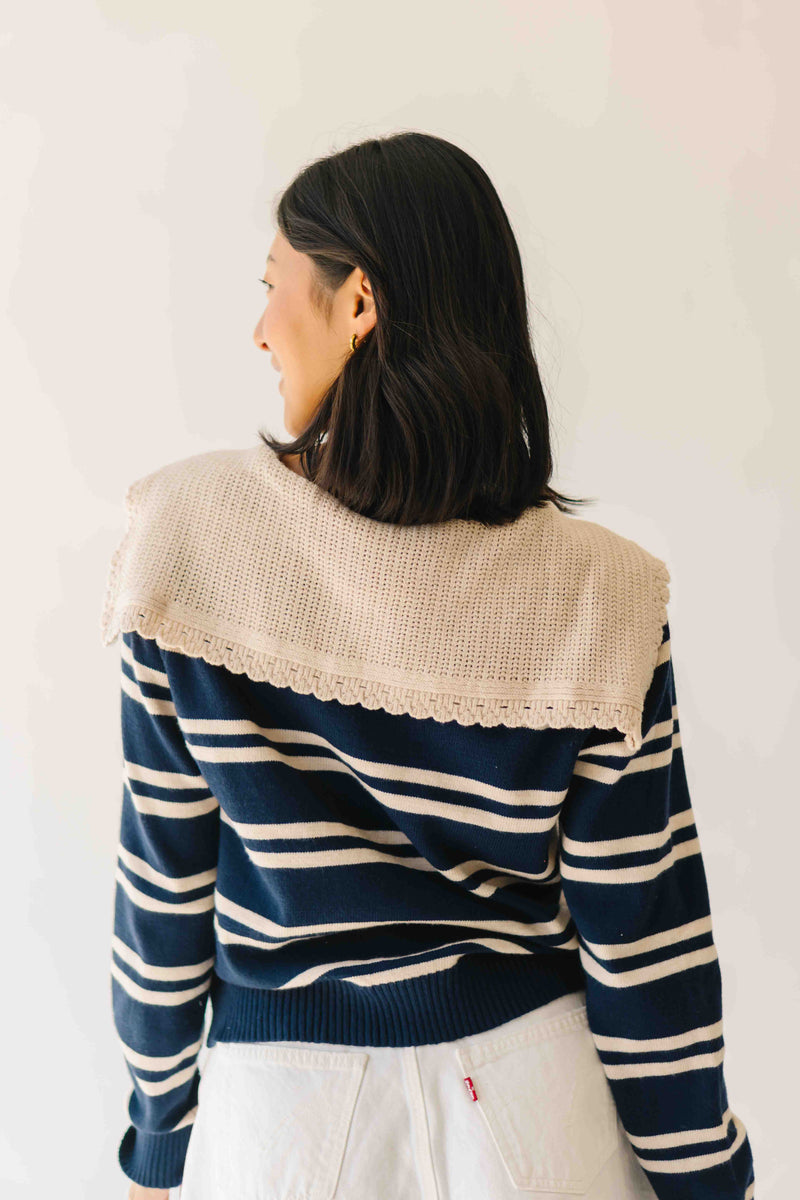 The Reina Scalloped Trim Cardigan in Navy + Taupe Stripe