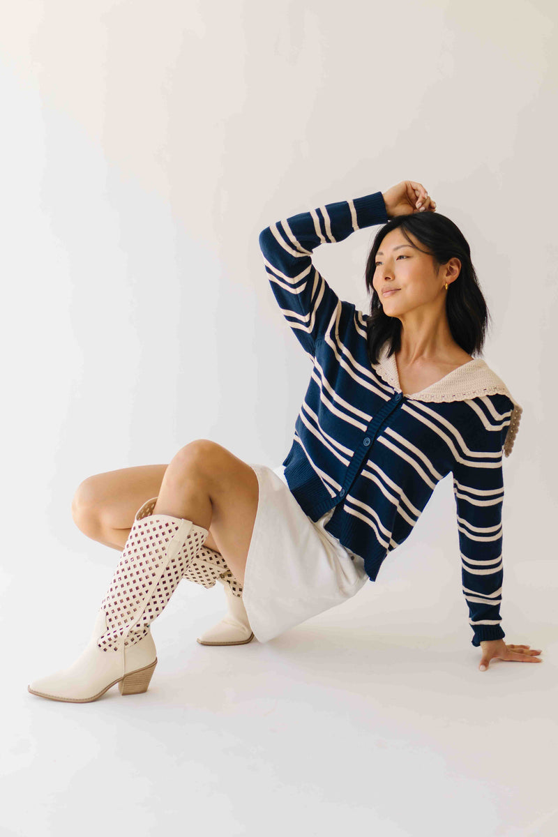 The Reina Scalloped Trim Cardigan in Navy + Taupe Stripe