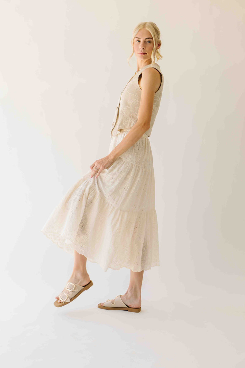 The Melody Tiered Midi Skirt in Beige