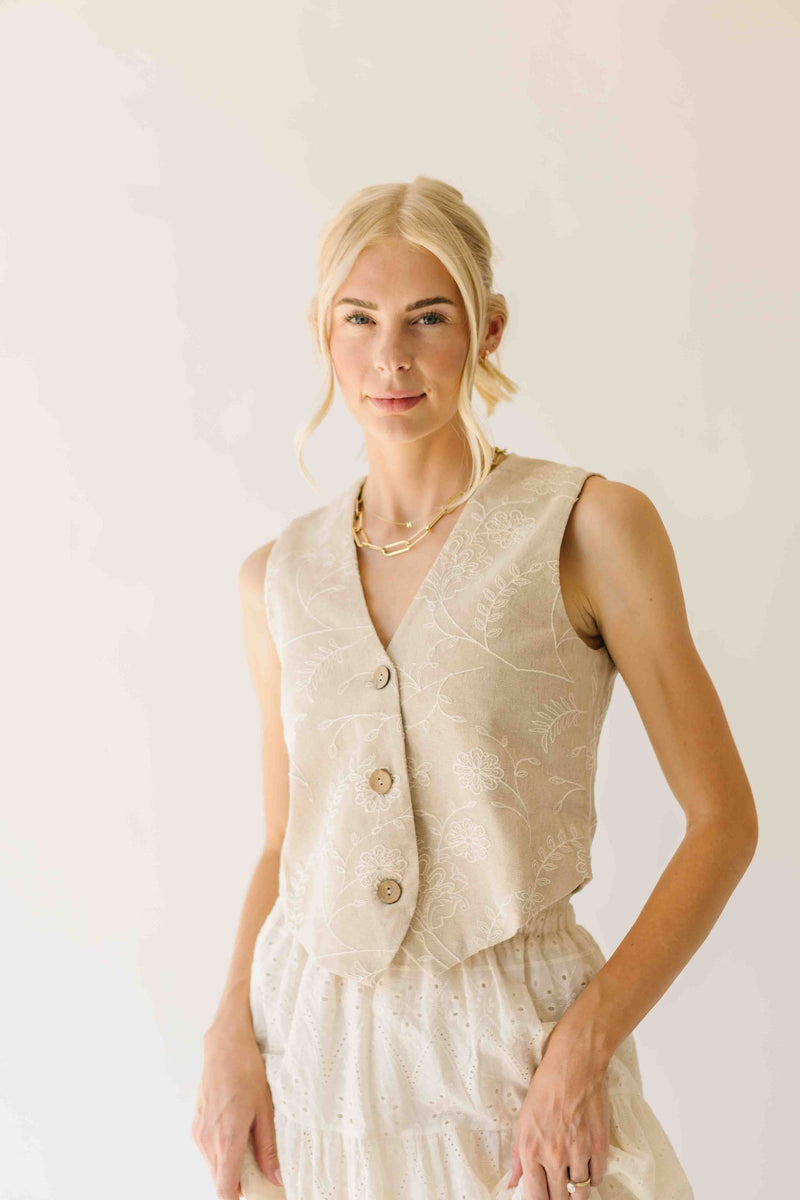 The Vanita Embroidered Linen Vest in Oatmeal
