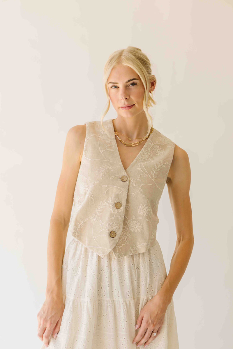 The Vanita Embroidered Linen Vest in Oatmeal
