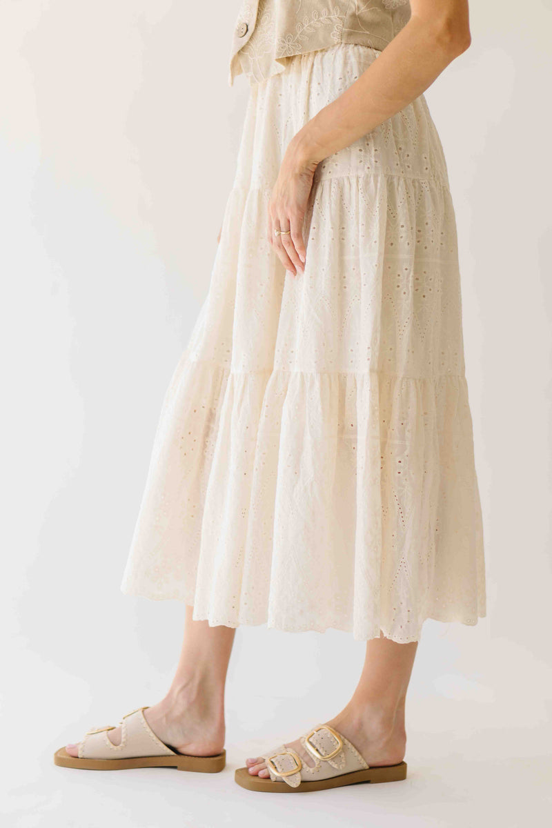 The Melody Tiered Midi Skirt in Beige