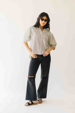 The Minerva V-Neck Button-Up Blouse in Black Stripe