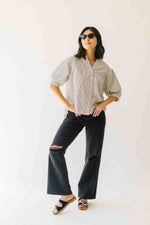 The Minerva V-Neck Button-Up Blouse in Black Stripe
