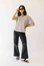 The Minerva V-Neck Button-Up Blouse in Black Stripe