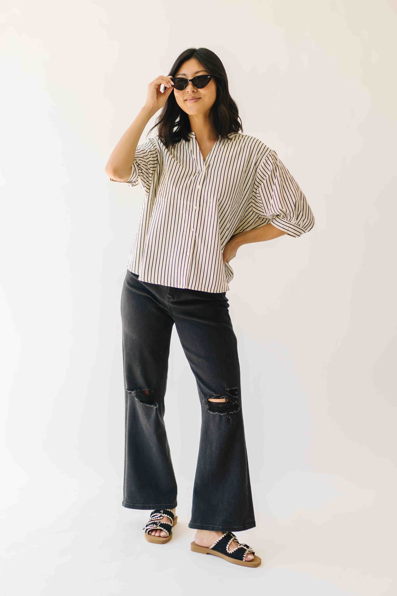 The Minerva V-Neck Button-Up Blouse in Black Stripe