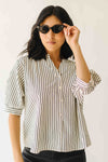 The Minerva V-Neck Button-Up Blouse in Black Stripe