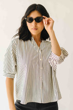 The Minerva V-Neck Button-Up Blouse in Black Stripe