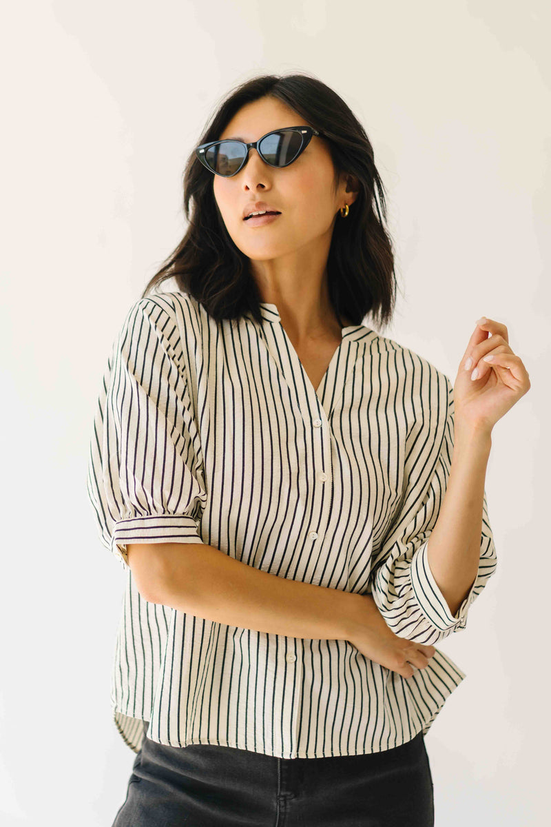 The Minerva V-Neck Button-Up Blouse in Black Stripe