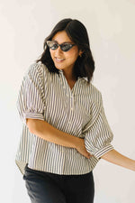 The Minerva V-Neck Button-Up Blouse in Black Stripe