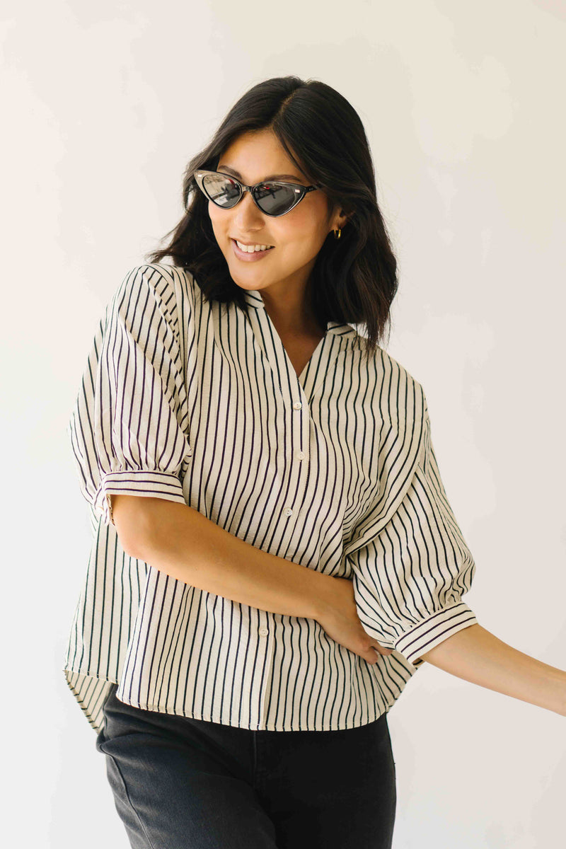 The Minerva V-Neck Button-Up Blouse in Black Stripe