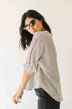 The Minerva V-Neck Button-Up Blouse in Black Stripe