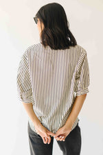 The Minerva V-Neck Button-Up Blouse in Black Stripe