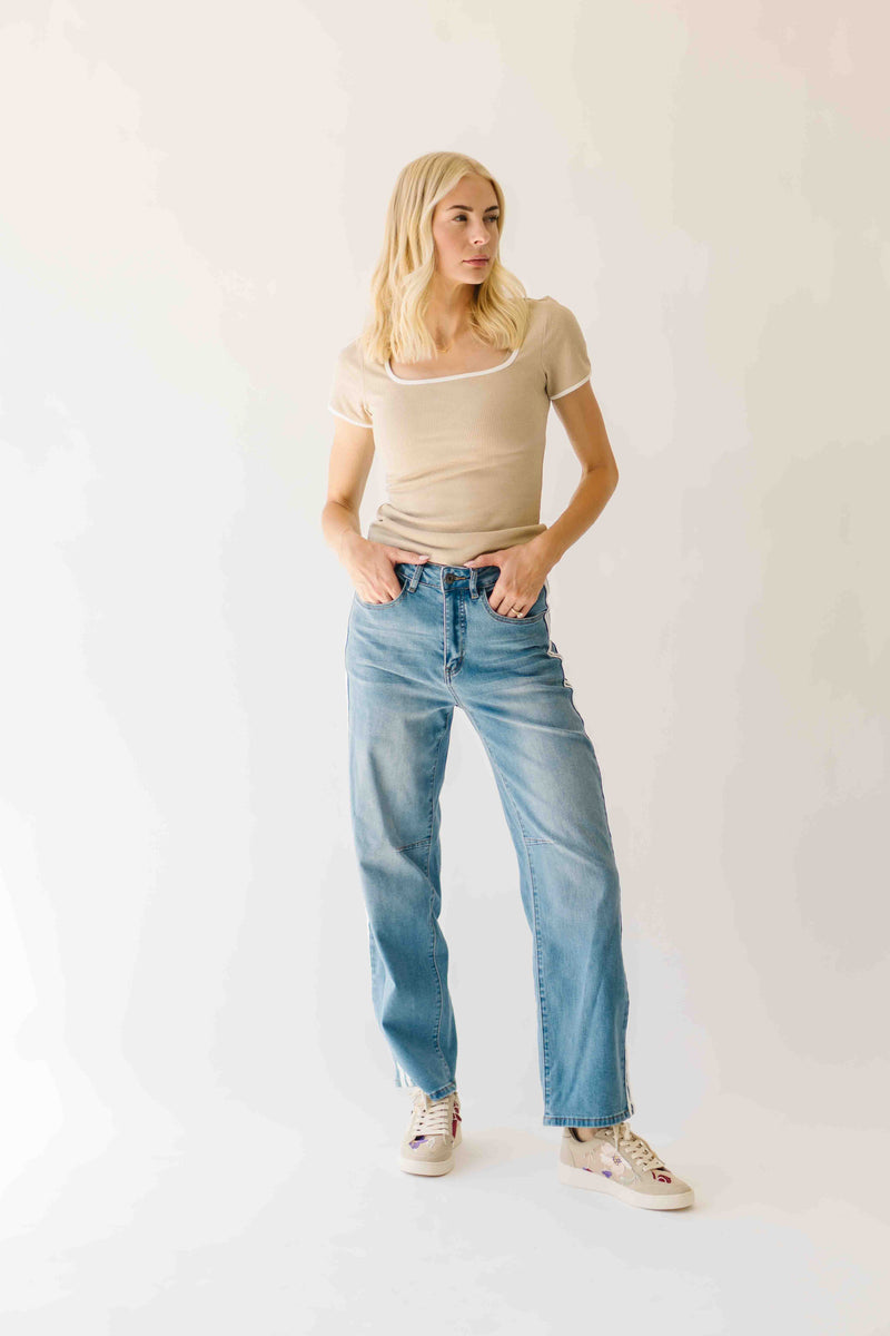 The Ravina Contrast Detail Ribbed Tee in Sand