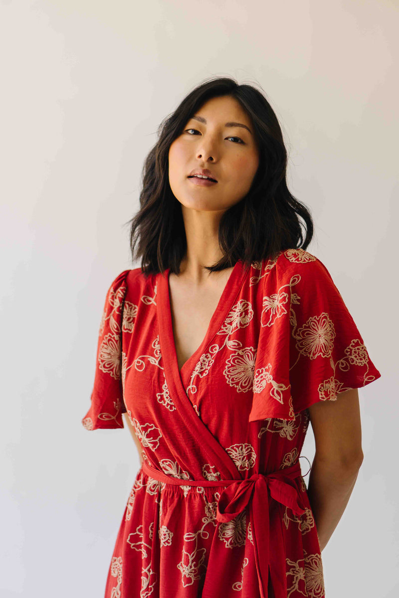 The Tressa Embroidered Detail Midi Dress in Red