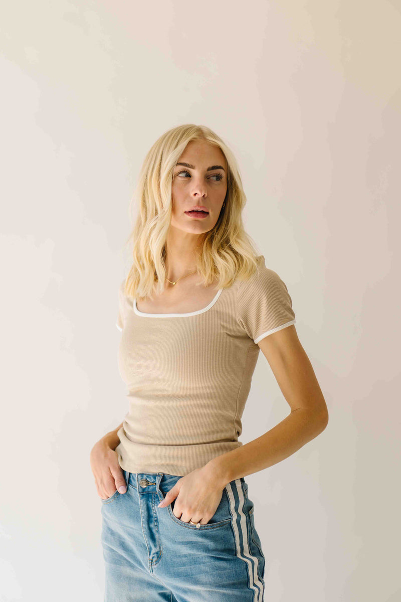The Ravina Contrast Detail Ribbed Tee in Sand
