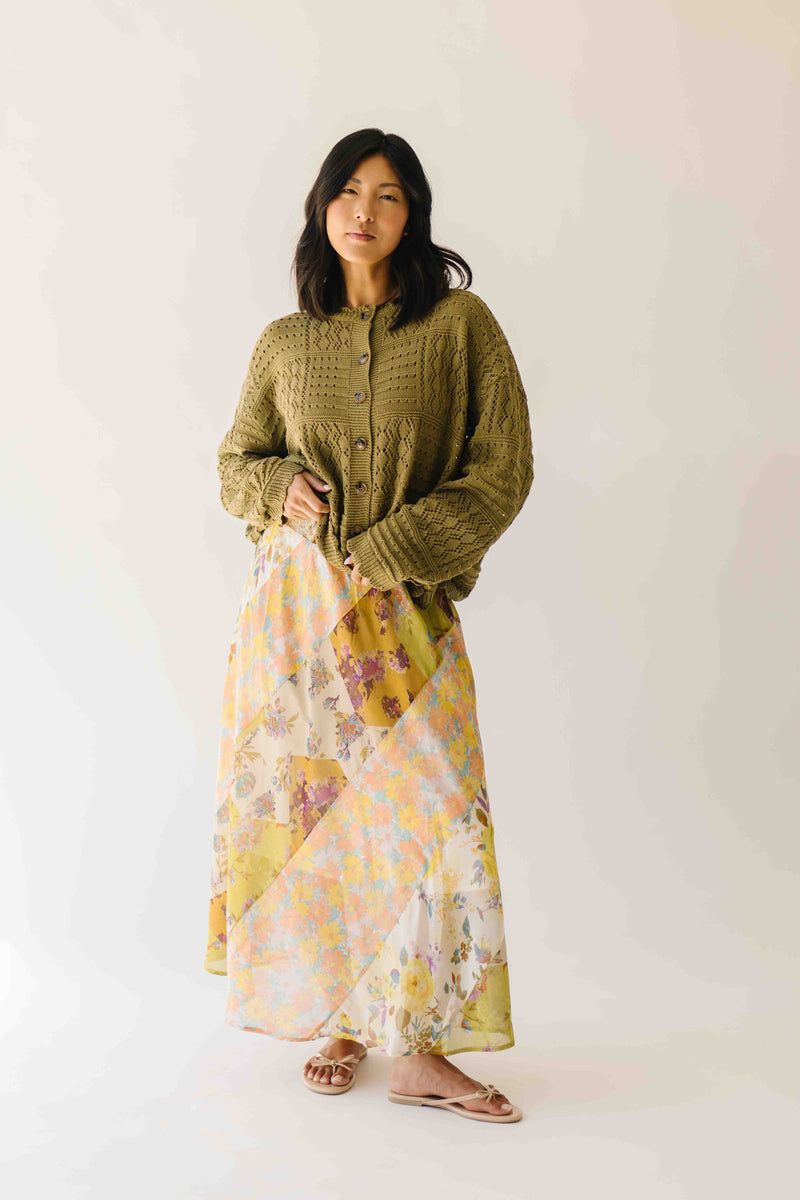The Kimberlin Mixed Print Midi Skirt in Citron Mix