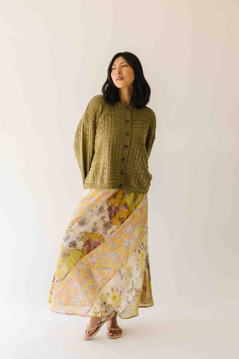 The Olandria Crochet Patchwork Cardigan in Olive