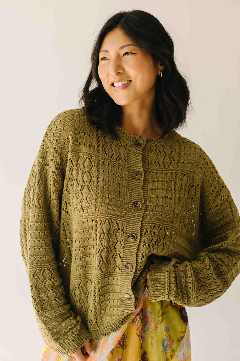 The Olandria Crochet Patchwork Cardigan in Olive