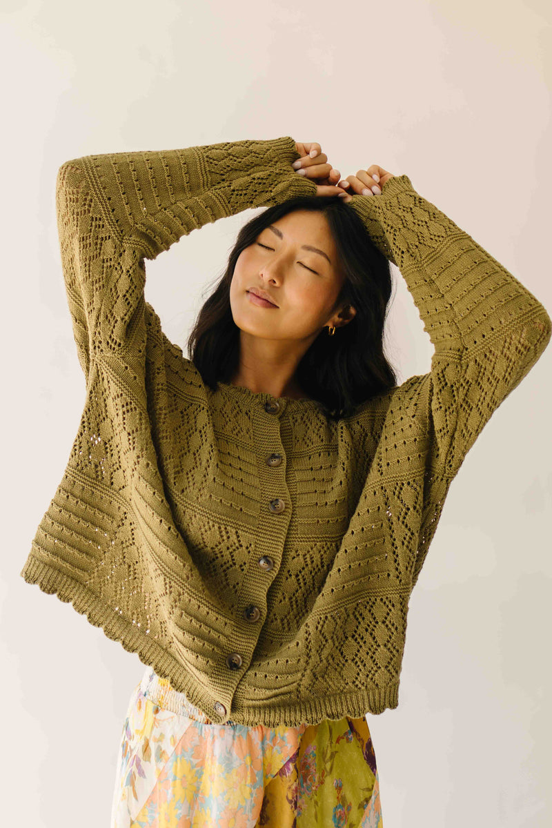 The Olandria Crochet Patchwork Cardigan in Olive
