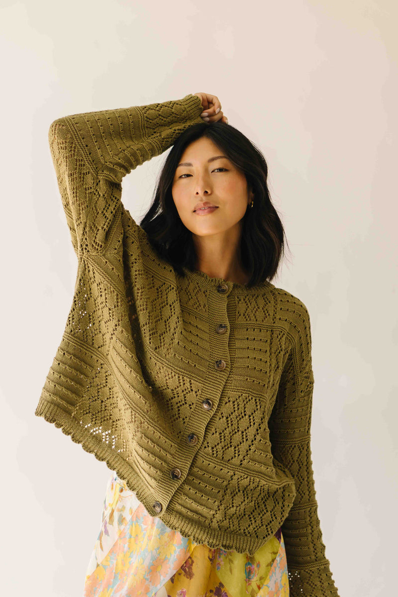 The Olandria Crochet Patchwork Cardigan in Olive