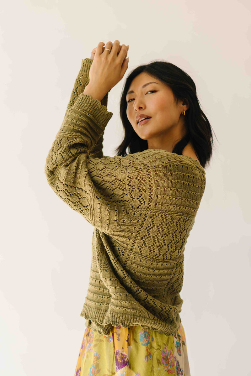 The Olandria Crochet Patchwork Cardigan in Olive