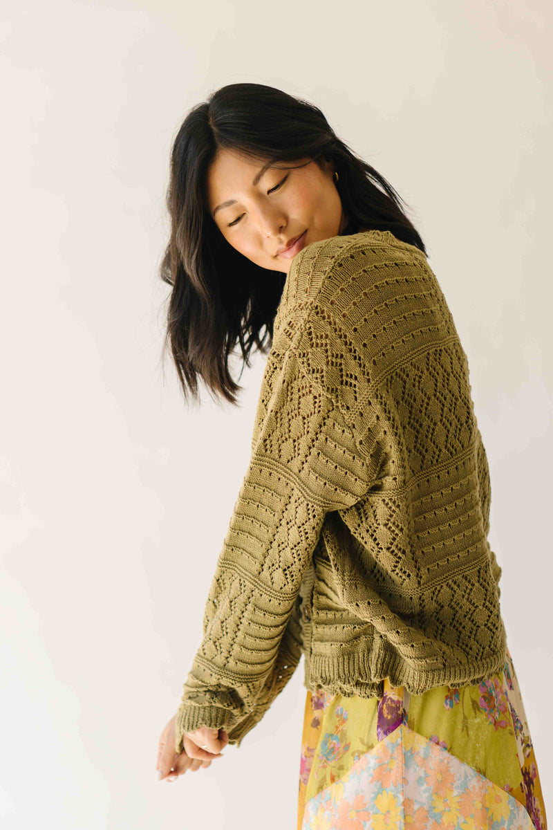 The Olandria Crochet Patchwork Cardigan in Olive