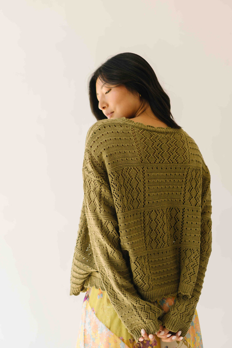 The Olandria Crochet Patchwork Cardigan in Olive