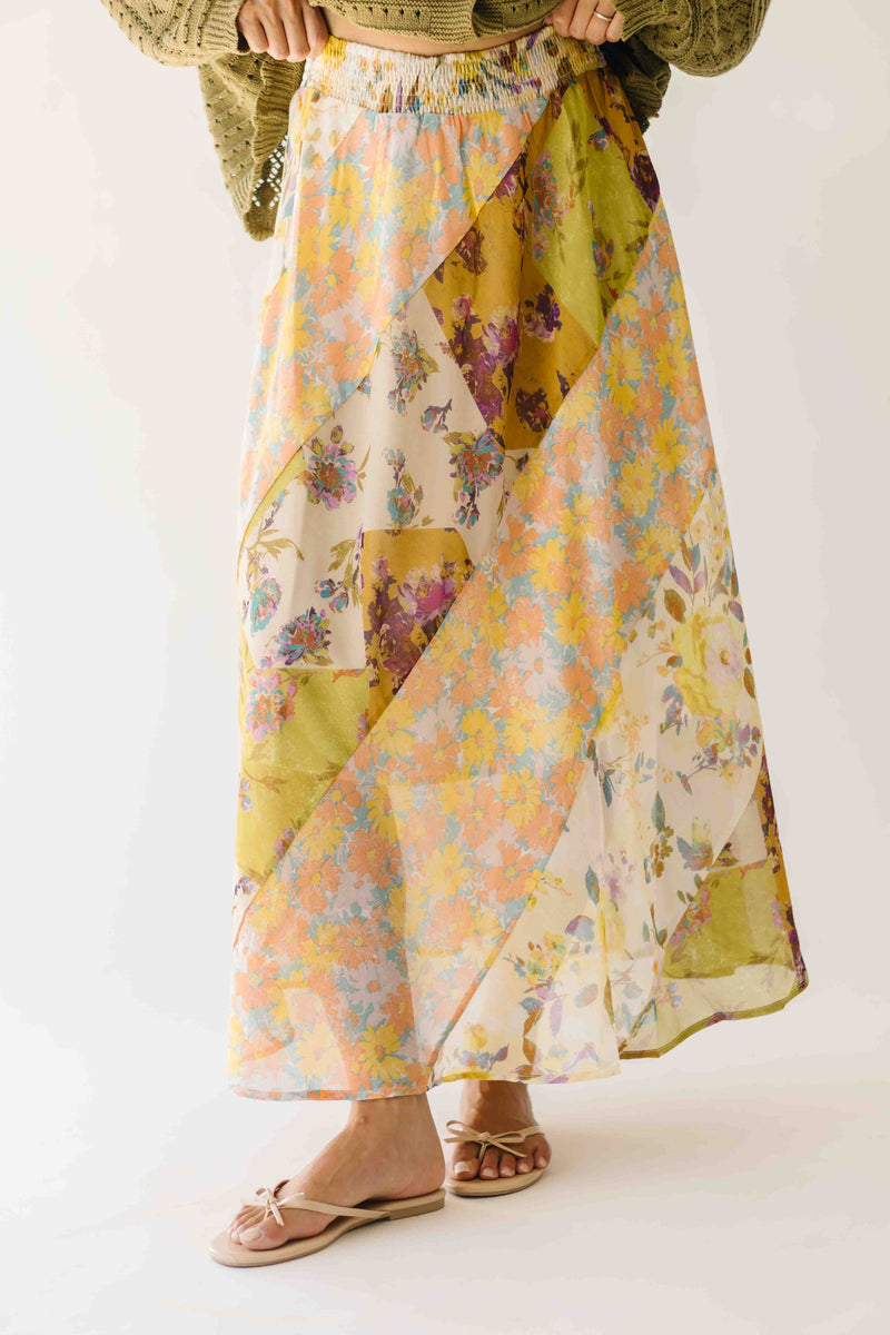 The Kimberlin Mixed Print Midi Skirt in Citron Mix
