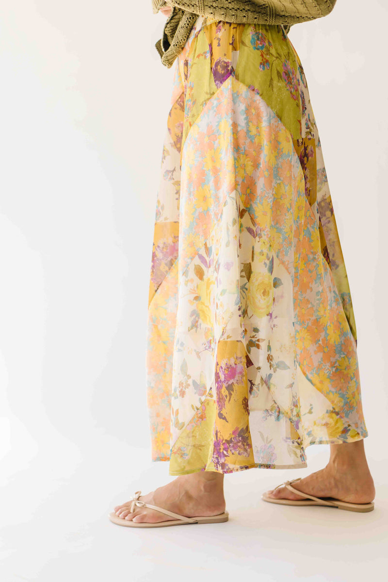 The Kimberlin Mixed Print Midi Skirt in Citron Mix