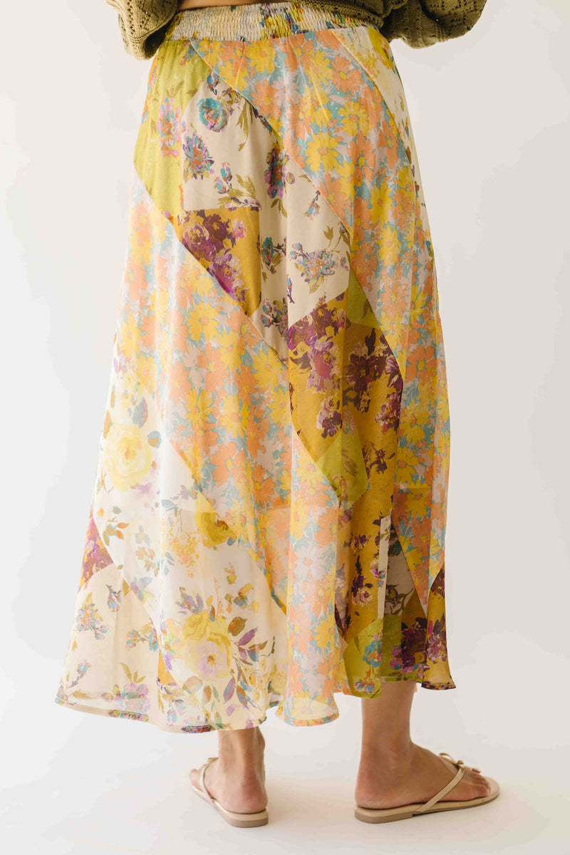 The Kimberlin Mixed Print Midi Skirt in Citron Mix