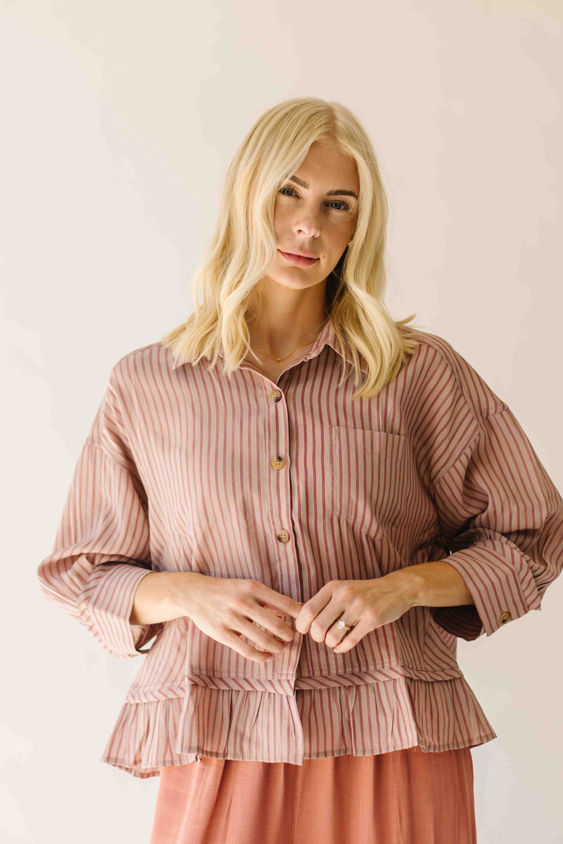 The Allona Ruffle Hem Button-Up Blouse in Mauve