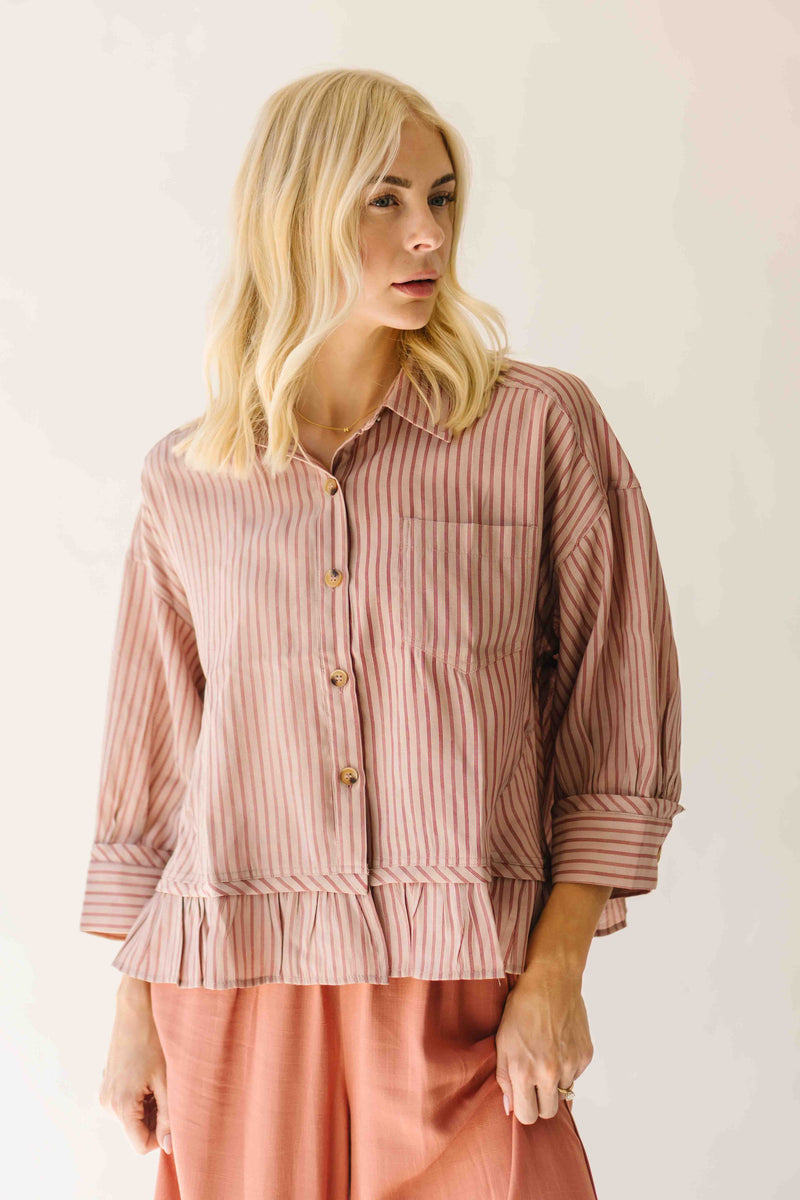 The Allona Ruffle Hem Button-Up Blouse in Mauve
