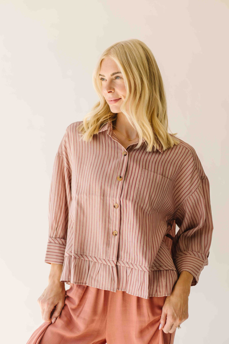 The Allona Ruffle Hem Button-Up Blouse in Mauve